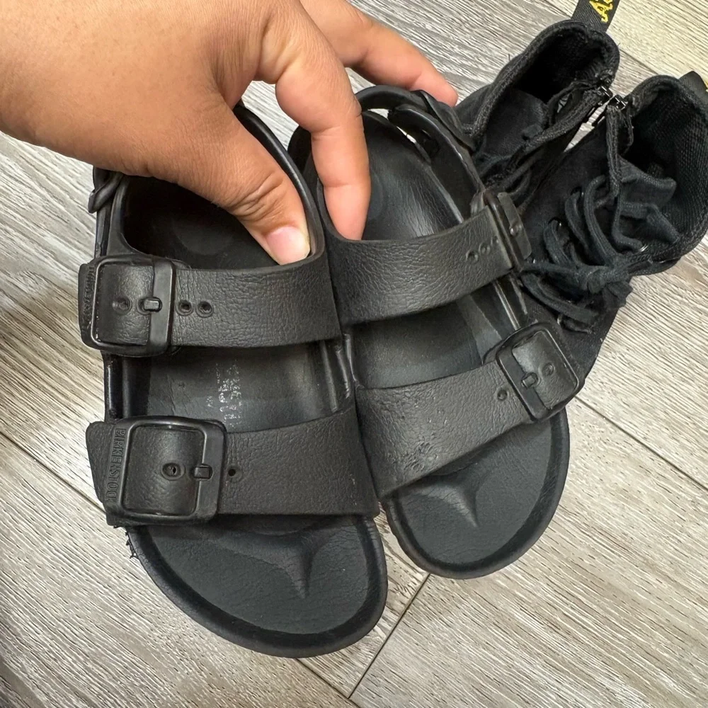 2  set of shoes for little kids. Birkenstock sandals and Dc martens boots